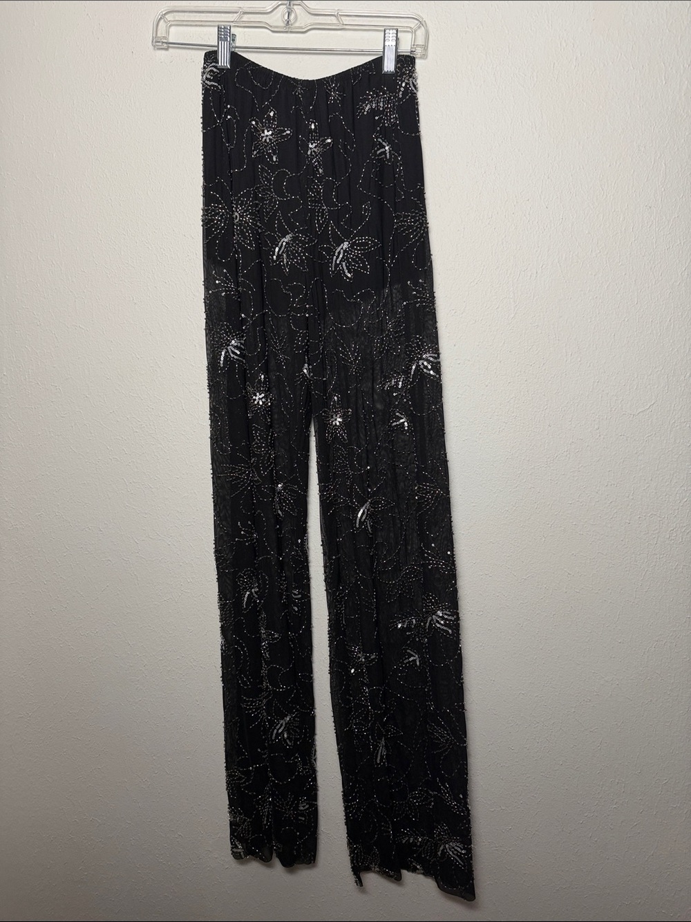 Zara Black Wide-Leg Floral-Print Pants with Metallic Accents